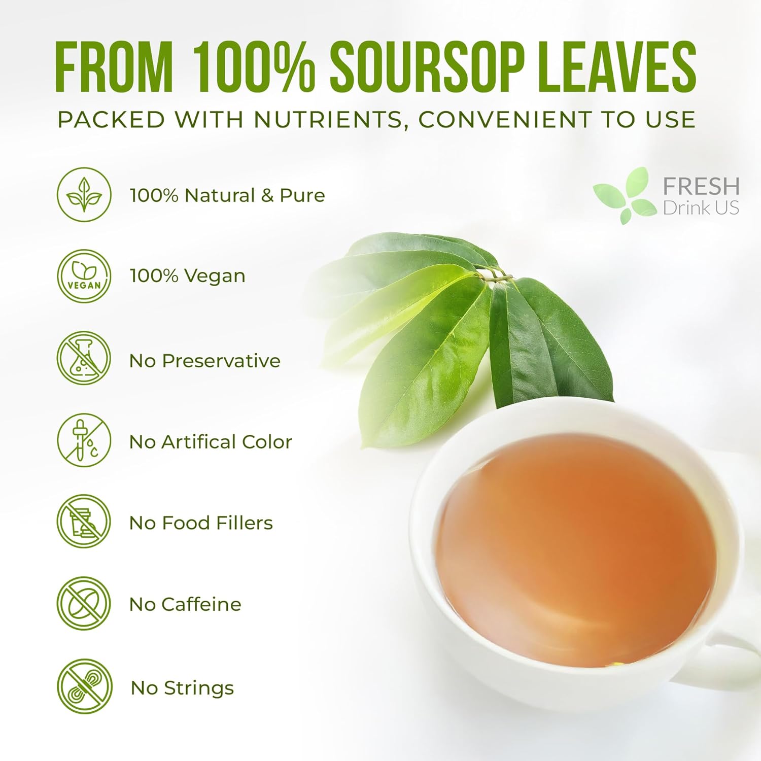 FreshDrinkUS, Premium Soursop Graviola Leaf Tea | 45 Tea Bags form Powder, 100% Natural and Pure, Handmade, Made With Natural Materials-Corn Fiber Tea Bag, Sugar/Caffeine Free, Hoja Guanabana Tea