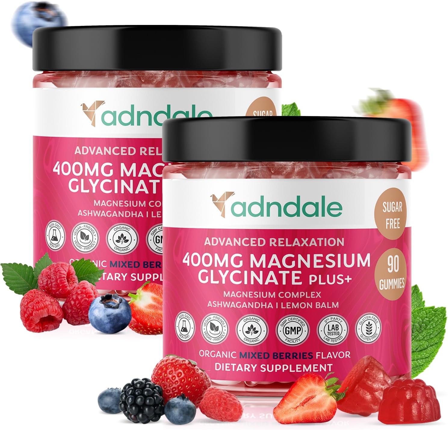 Adndale 180 CT Magnesium Glycinate Gummies 400 mg/Serv, with Ashwagandha, Magnesium Malate & Taurate, Sugar Free Chews for Adults & Kids Relaxation, Stress Relief, Night Rest, Muscle & Cardio Support