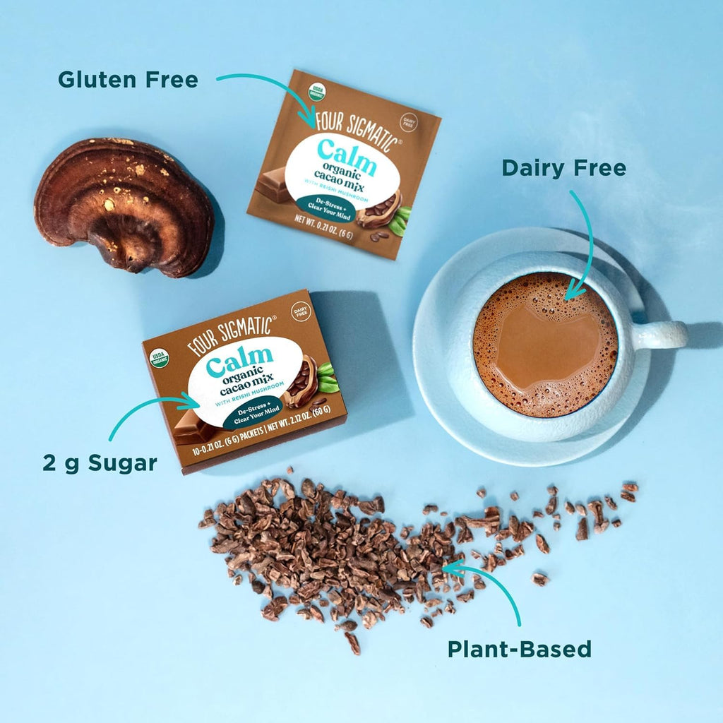 Four Sigmatic Calm Mushroom Cacao Mix | Organic Instant Cacao with Organic Reishi Mushroom Powder | Supports Calm & Relaxation | Drink it or Bake with it | Vegan, Gluten-Free, Dairy-Free | 10 Count