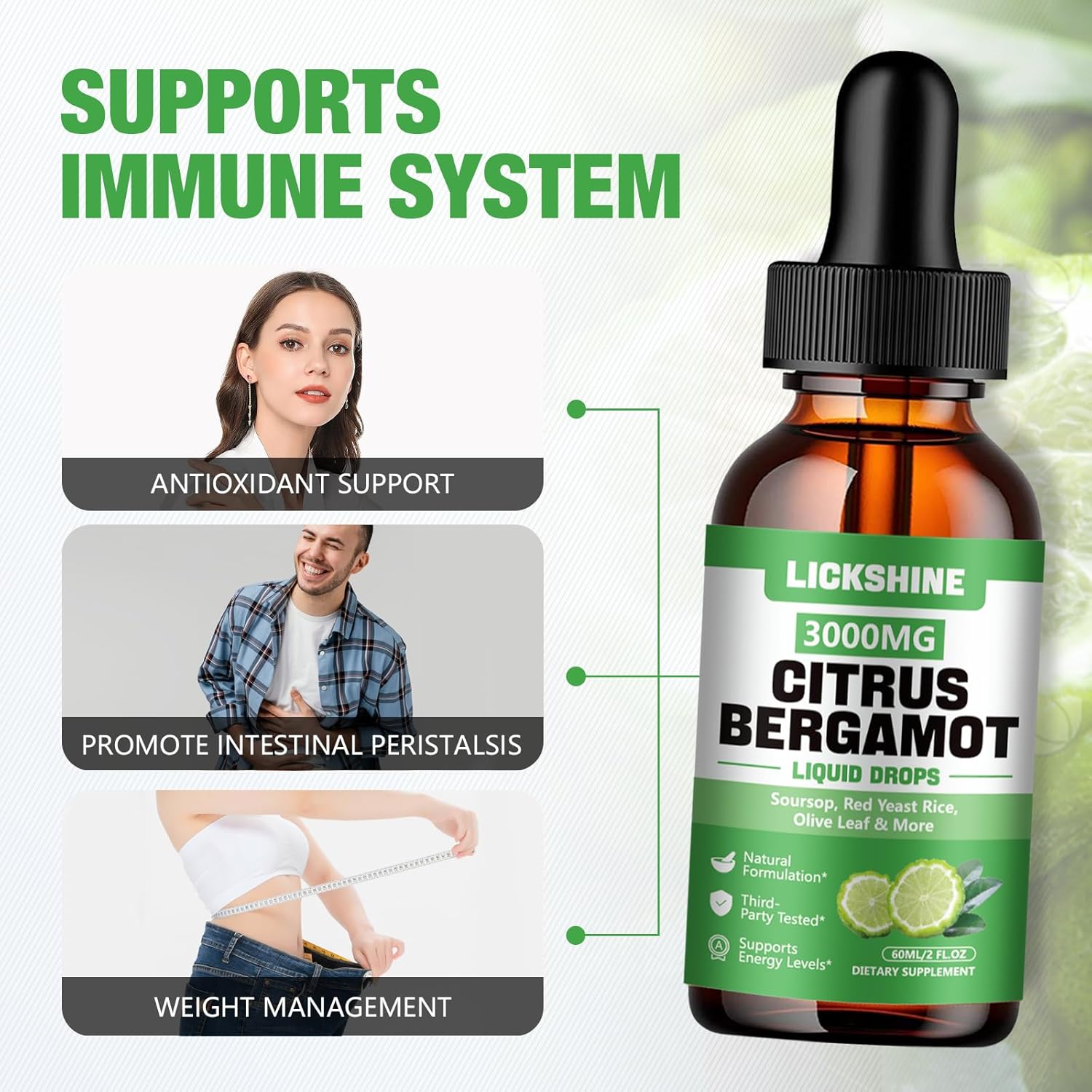 1 Pack 3000mg Citrus Bergamot Liquid Drops - High Absorption - Cholesterol Lowering Supplement for Immune Support Healthy Anti-Aging, Hight Cholesterol - Soursop Bitters Liquid, 2 Fl Oz