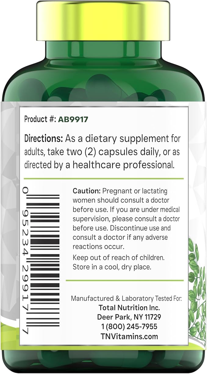 tnvitamins Organic Moringa Powder Capsules: 1,200 mg per Serving, 90 Count | Superfood Supplement for Energy & Vitality* | Organic Moringa Leaf – Non-GMO, Gluten-Free, Made in The USA