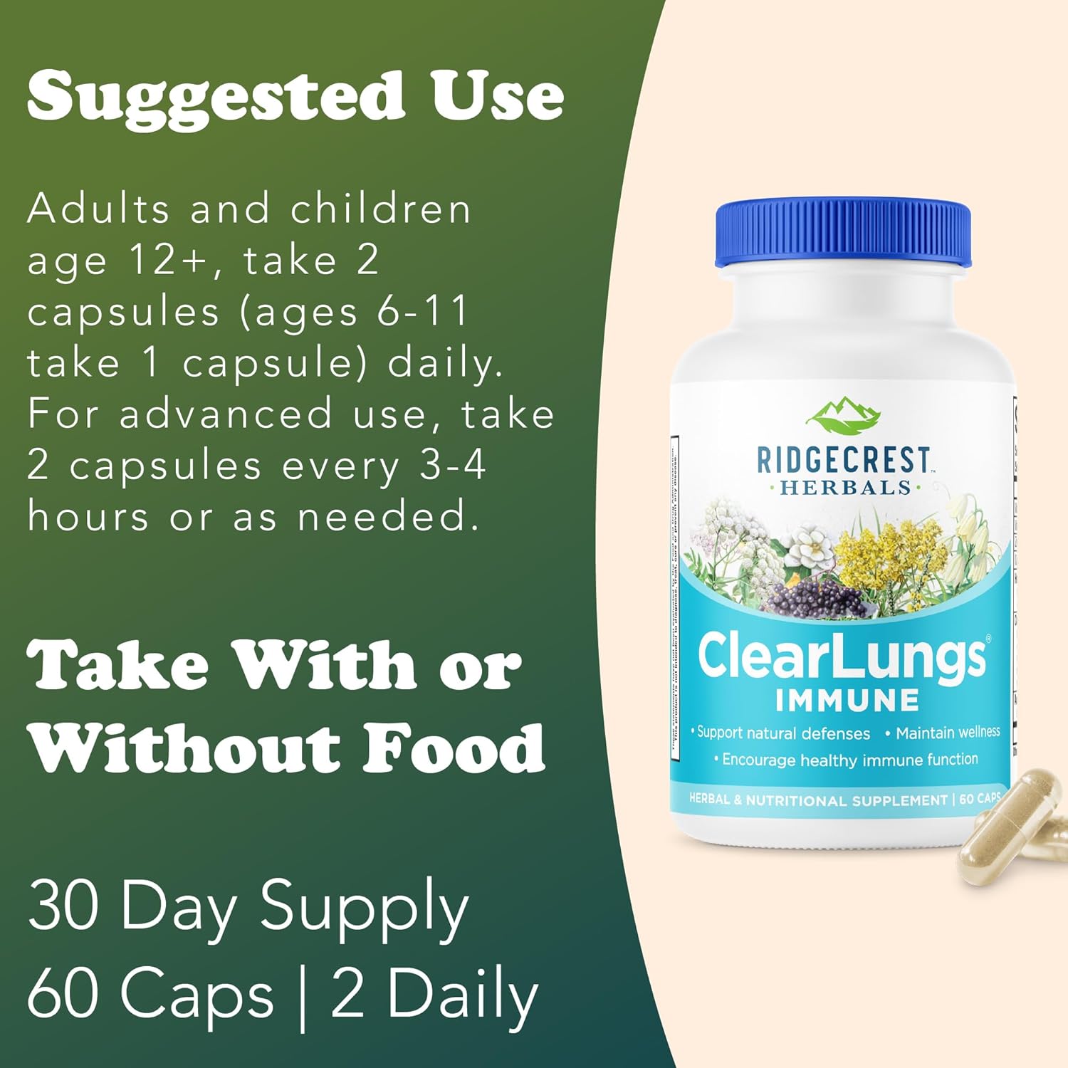 Ridgecrest Herbals ClearLungs Immune, Lung Support Supplement with Mullein, Elderberry, Zinc, Vitamin C, Vitamin A, Olive Leaf (60 Caps, 30 Serv)