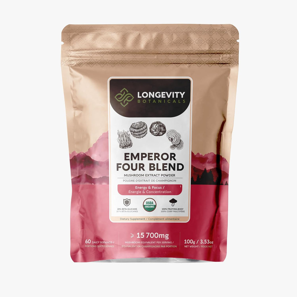 Organic Emperor 4 Powder Mushroom Blend Supplement 100g | Fruiting Body Extract Complex | With Lions Mane, Cordyceps, Chaga & Reishi | 20% Beta-D Glucans | Cognition, Immunity & Energy Support