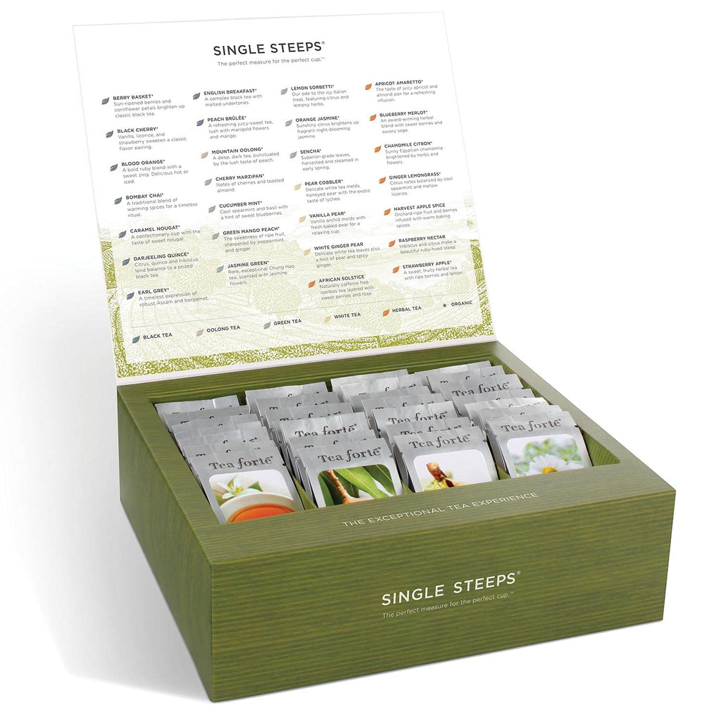 Tea Forte Classic Assortment Single Steeps Loose Leaf Premium Tea Gift Set Sampler, 28 Count Assorted Blends Pre-Portioned Single Serve Pouches, Steeps 12 oz