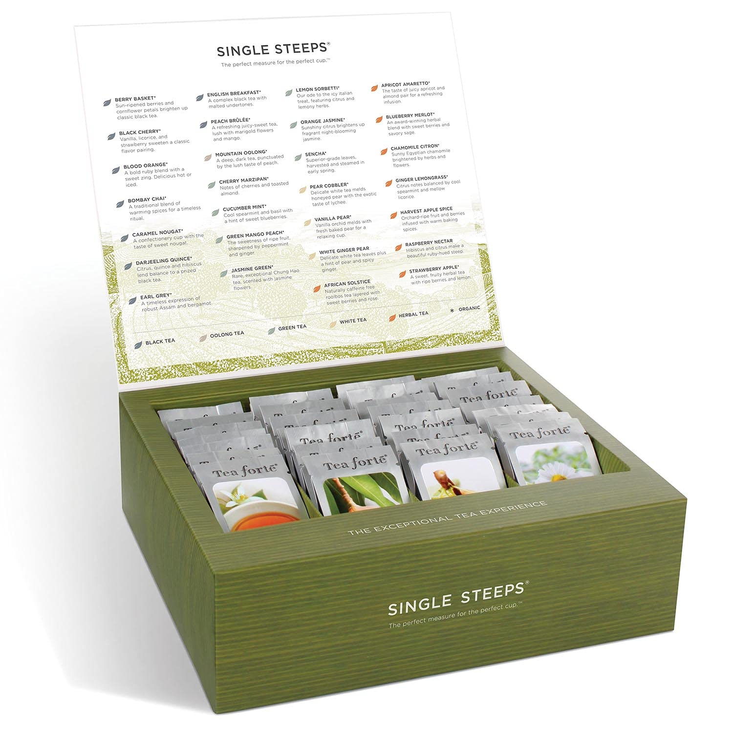 Tea Forte Classic Assortment Single Steeps Loose Leaf Premium Tea Gift Set Sampler, 28 Count Assorted Blends Pre-Portioned Single Serve Pouches, Steeps 12 oz