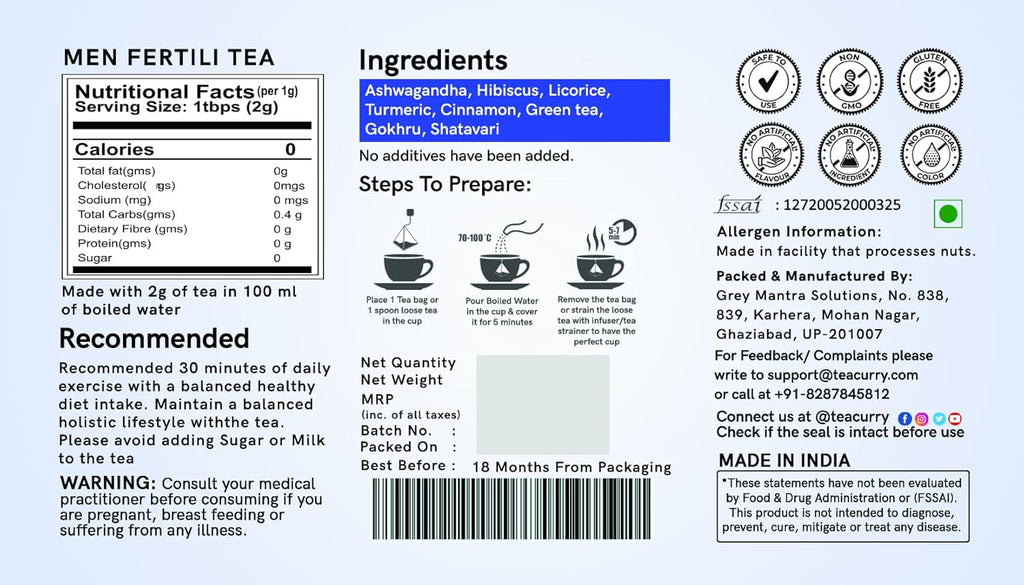 Teacurry Men Fertility Tea (1 Month Pack, 30 Tea Bags) - Fertility Tea for Men, Natural Herbal Tea to Support Reproductive Health - Men Fertili Tea