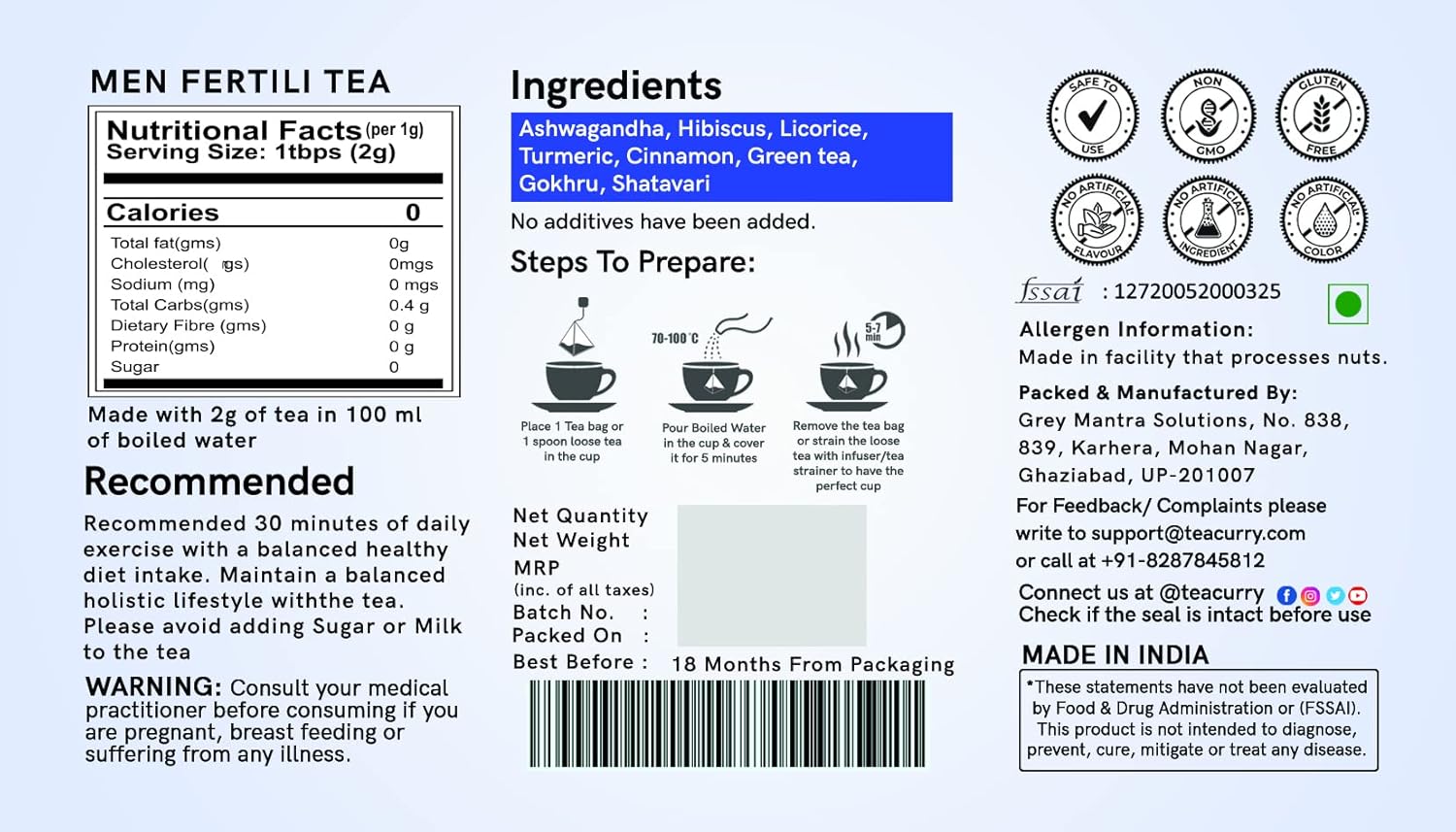 Teacurry Men Fertility Tea (1 Month Pack, 30 Tea Bags) - Fertility Tea for Men, Natural Herbal Tea to Support Reproductive Health - Men Fertili Tea