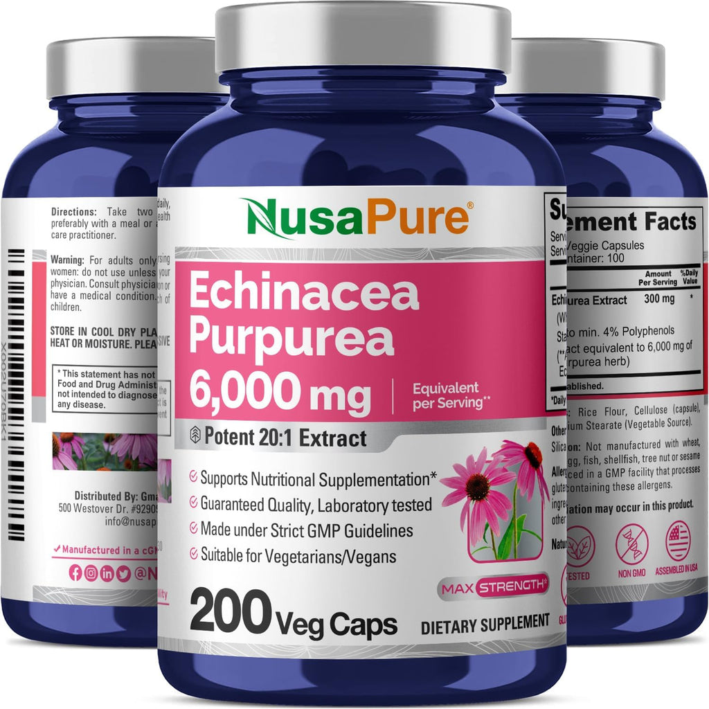 NusaPure Echinacea 20:1 Extract, 300 mg Equivalent to 6,000mg 200 Veggie Caps, Vegan, Non-GMO, Gluten Free Supplement