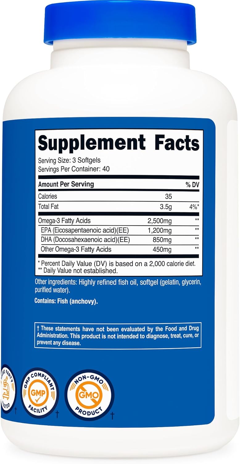 Nutricost Omega 3 Fish Oil - 2500MG, 120 Softgels (40 Serv) - Fish Oil, Wild Caught! 1200mg EPA 850mg DHA - Non-GMO, Gluten Free