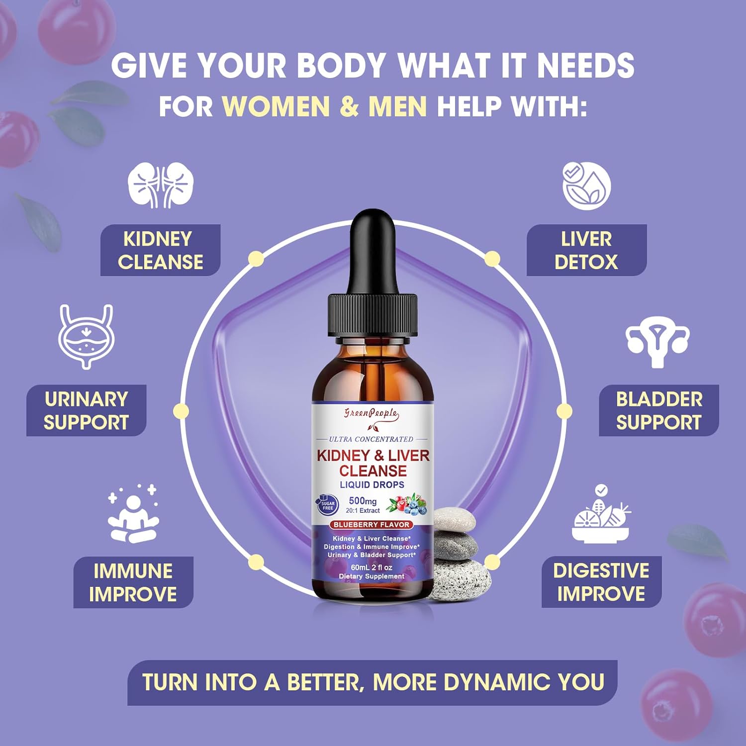 GREENPEOPLE Kidney Cleanse Detox & Repair - 27-In-1 Kidney & Liver Drops with 20:1 Cranberry Extract & Chanca Piedra, Alcohol-Free Supplement for Urinary Tract & Liver Support (2 Oz 3 Pack, Blueberry)