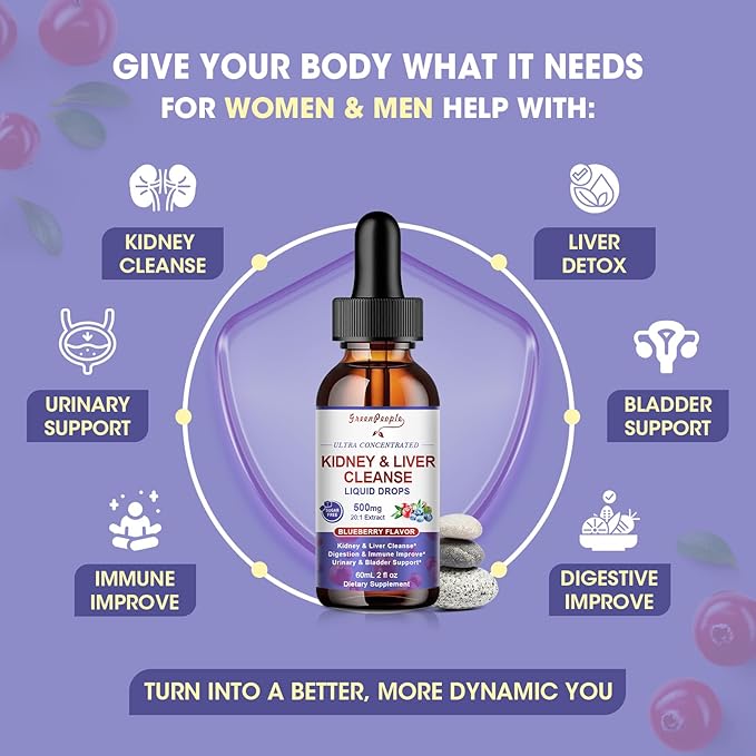 GREENPEOPLE Kidney Cleanse Detox & Repair - 27-In-1 Kidney & Liver Drops with 20:1 Cranberry Extract & Chanca Piedra, Alcohol-Free Supplement for Urinary Tract & Liver Support (2 Oz 2 Pack, Blueberry)