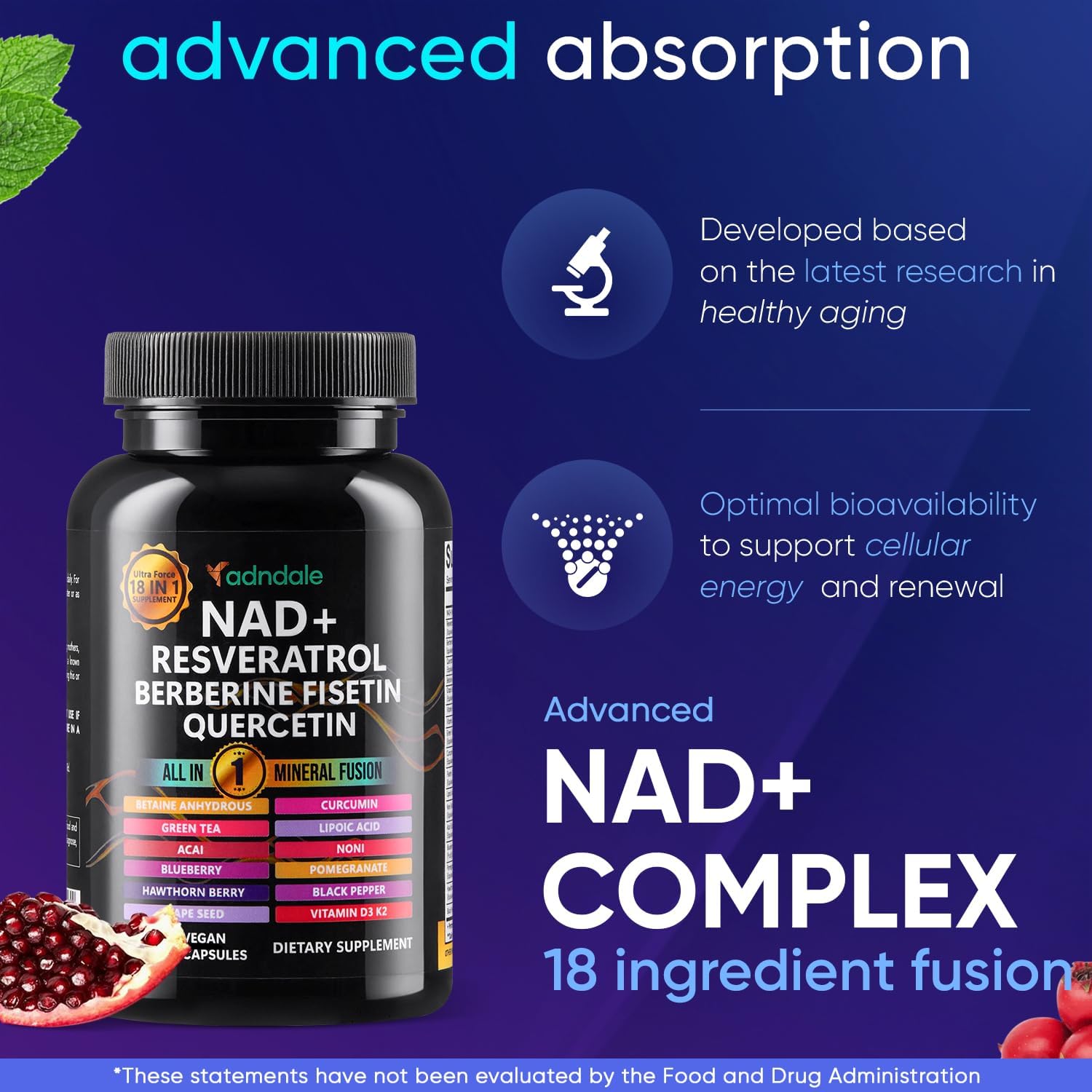 Adndale NAD Supplement. Longevity Formula with Liposomal NAD+, Trans Resveratrol, Quercetin, Berberine, Betaine Anhydrous, Grape Seed, Fisetin. NAD Resveratrol Supplement with Berberine 90 Capsules.