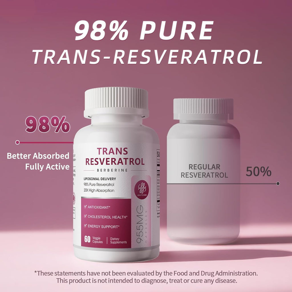Resveratrol Supplement, 98% Pure Trans Resveratrol 600mg with Liposomal Delivery - Supports Antioxidant, Cholesterol Health, Heart Health, Energy - Vegan, 60 Capsules