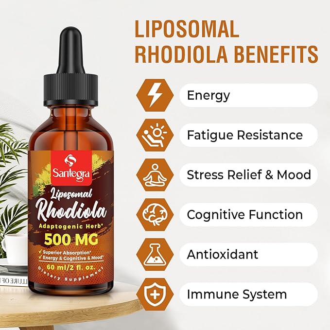 57,000 MG Liposomal Active Rhodiola Rosea Supplement with Ashwagandha, Liquid for High Absorption, Rhodiola Rosea Root Extract Tincture for Energy, Stress, Mood, Vegan, Sugar & Gluten-Free, 120 ml