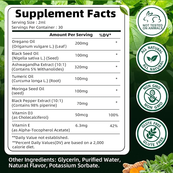 Oil of Oregano with Black Seed Oil | 8 in 1 Organic Oregano Oil Drops with Ashwagandha, Moringa & Turmeric | Natural Herbal Supplements for Immune Support & Stress Relief | Vegan Friendly, 2 Fl Oz
