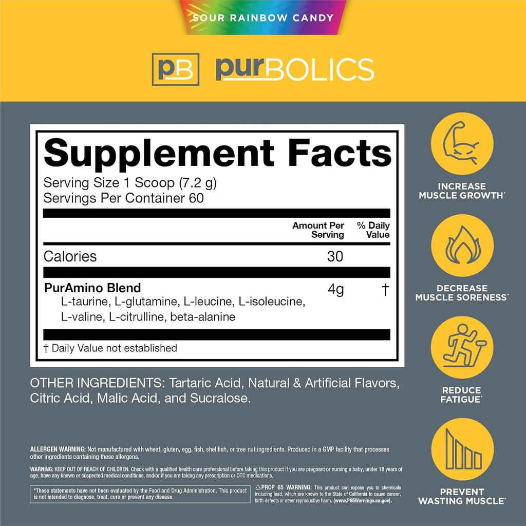 Aminos | 4g of Free-Form Amino Acids, Beta-Alanine, 0 Sugar & 60 Servings (Sour Rainbow Candy)