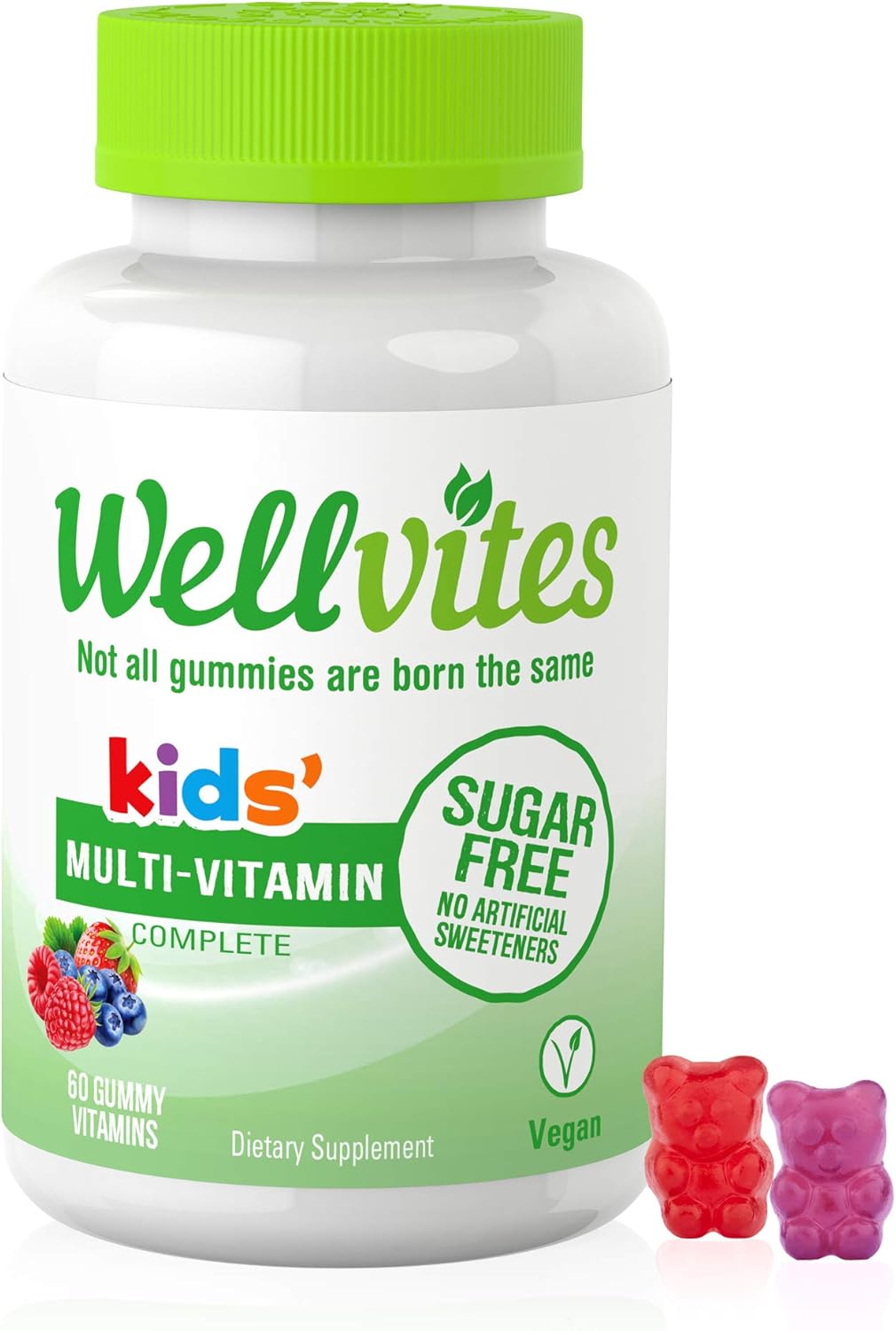 Wellvites Kids Multivitamin Gummies - Sugar Free, Vegan, Non-GMO, Vitamin A, D, B6, B12 and C - No Artificial Sweeteners, Gluten-Free, Gelatin-Free - 60 Count (30 Day Supply)