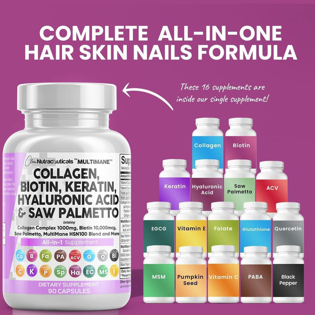 Clean Nutraceuticals Collagen Pills 1000mg Biotin 10000mcg Keratin Saw Palmetto Hyaluronic Acid - Hair Skin & Nails Vitamins & DHT Blocker with Vitamin E Folic Acid Pumpkin Seed MSM - 90 Count