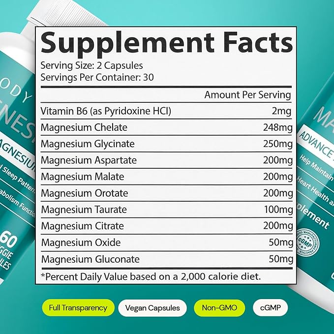 Body C.E.O. Magnesium 9 - Full-Spectrum Blend with Malate, Citrate, Glycinate, Taurate, Orotate & More - Supports Healthy Sleep, Calm, Muscle Relaxation & Focus - 60 Veggie Capsules