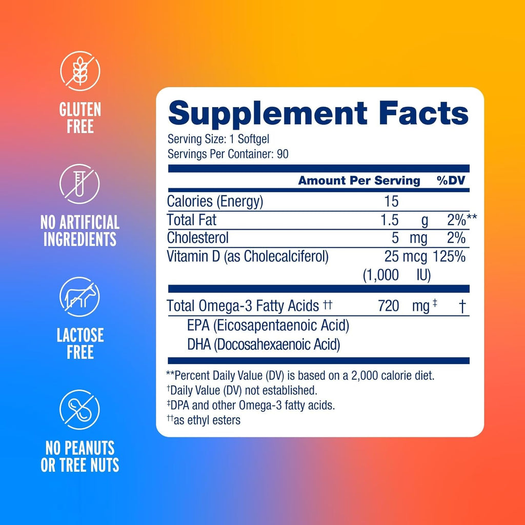 Oceanblue Essentials Everyday Omega 3 – 90 Count – Burpless Fish Oil Supplement with Vitamin D3 – EPA & DHA for Heart and Immune Support – Non-GMO – Tasty Orange Flavor – 3 Month Supply
