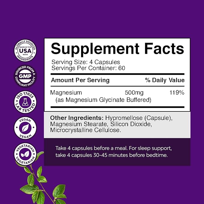 High Absorption Magnesium Glycinate Capsules - 500mg Magnesium Glycinate Per Serving for Calming Sleep Plus Muscle Bone & Nerve Support - Chelated 500mg GMP Certified - 240 Count