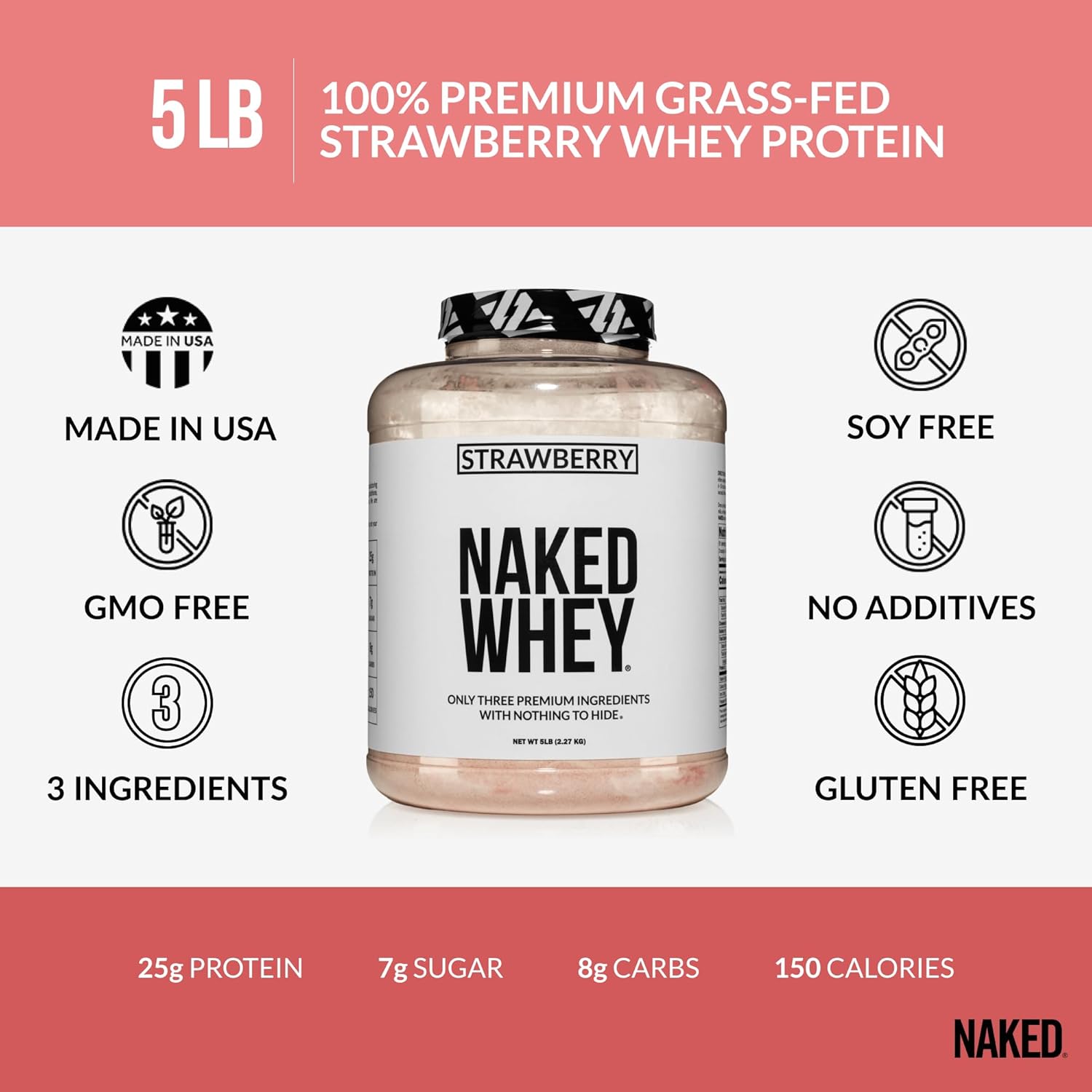 NAKED Strawberry Whey Protein - All Natural Grass Fed Whey Protein Powder + Dried Strawberries + Coconut Sugar- 5lb Bulk, GMO-Free, Soy Free, Gluten Free. Aid Muscle Growth & Recovery - 61 Servings