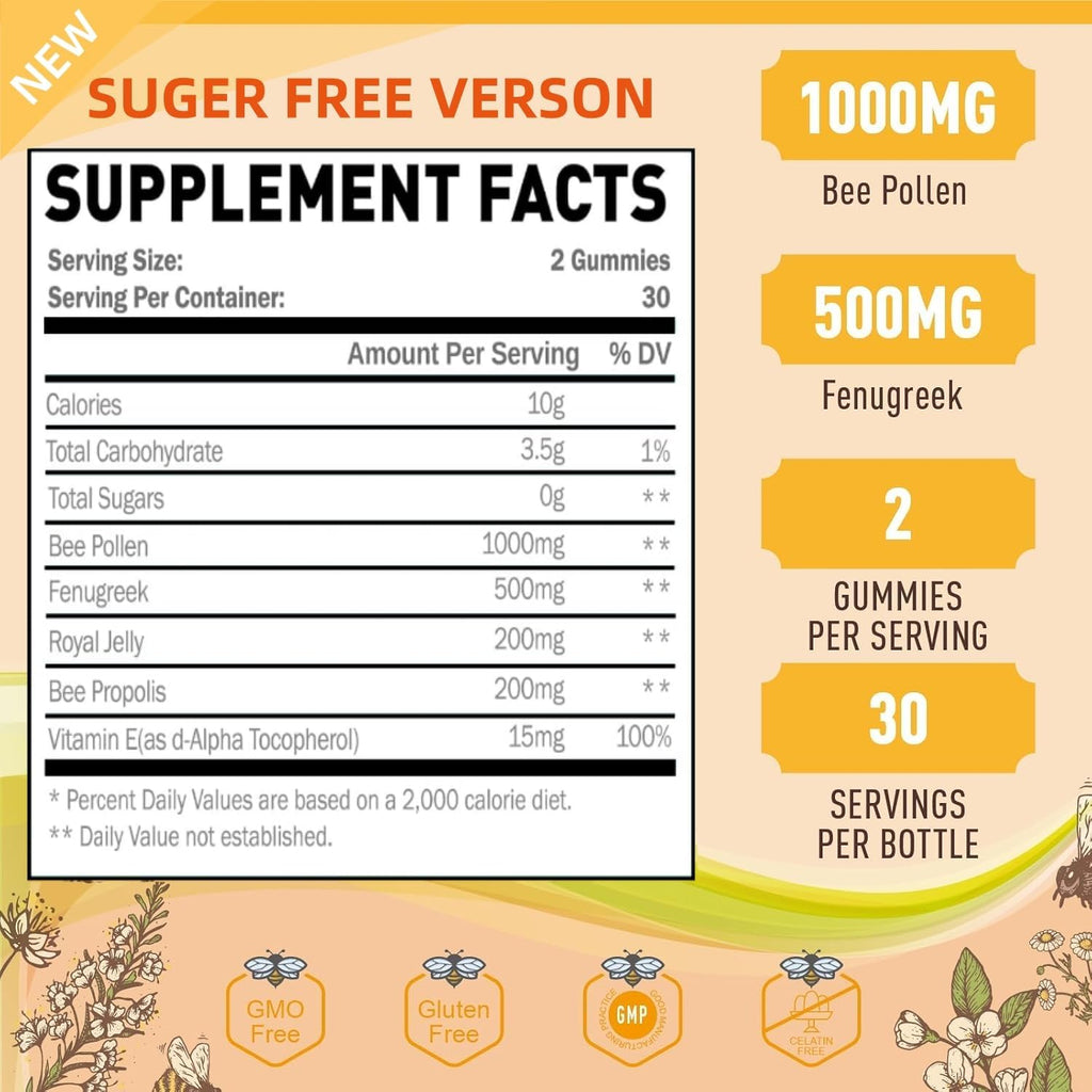 Bee Pollen 1000mg Sugar Free Gummies, w/Fenugreek, Royal Jelly, Propolis, Organic Bee Pollen Chewable Supplement for Women, Rich in Vitamin E, Immunity & Skin Care, 60 Counts