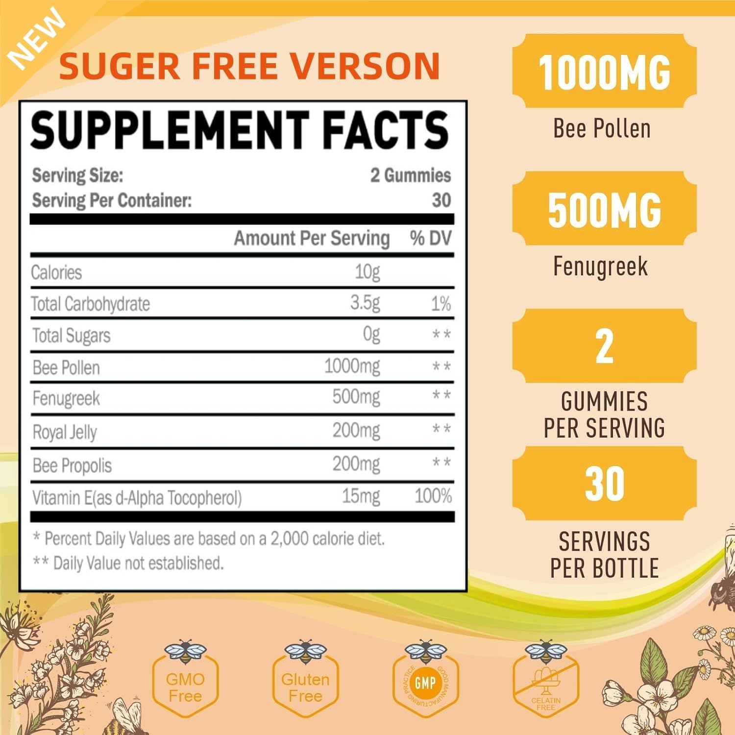 Bee Pollen 1000mg Sugar Free Gummies, w/Fenugreek, Royal Jelly, Propolis, Organic Bee Pollen Chewable Supplement for Women, Rich in Vitamin E, Immunity & Skin Care, 60 Counts