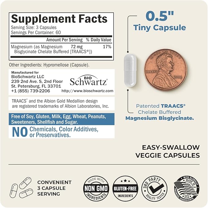 Magnesium Bisglycinate Chelated Supplement - High Absorption Magnesium Supplement for Muscle, Bone & Joint Support - Non-GMO, Non-Laxative, Fully Buffered for Maximum Bioavailability - 180 Capsules