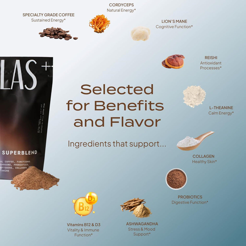 Atlas+ Coffee Superblend– Premium Mushroom Coffee with Collagen, Probiotics, D3 & B12, Lion’s Mane, Reishi, Cordyceps– for Energy, Focus, Immunity & Gut Health– 28 Servings (1 Bag)