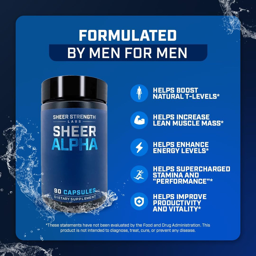 Sheer Strength Labs Testosterone Booster T-Booster for Men - Clinically Backed Dose, Strongest Formula - Made in USA - Premium Blend of Fadogia Agrestis Tongkat Ali and Shilajit. 30 Servings