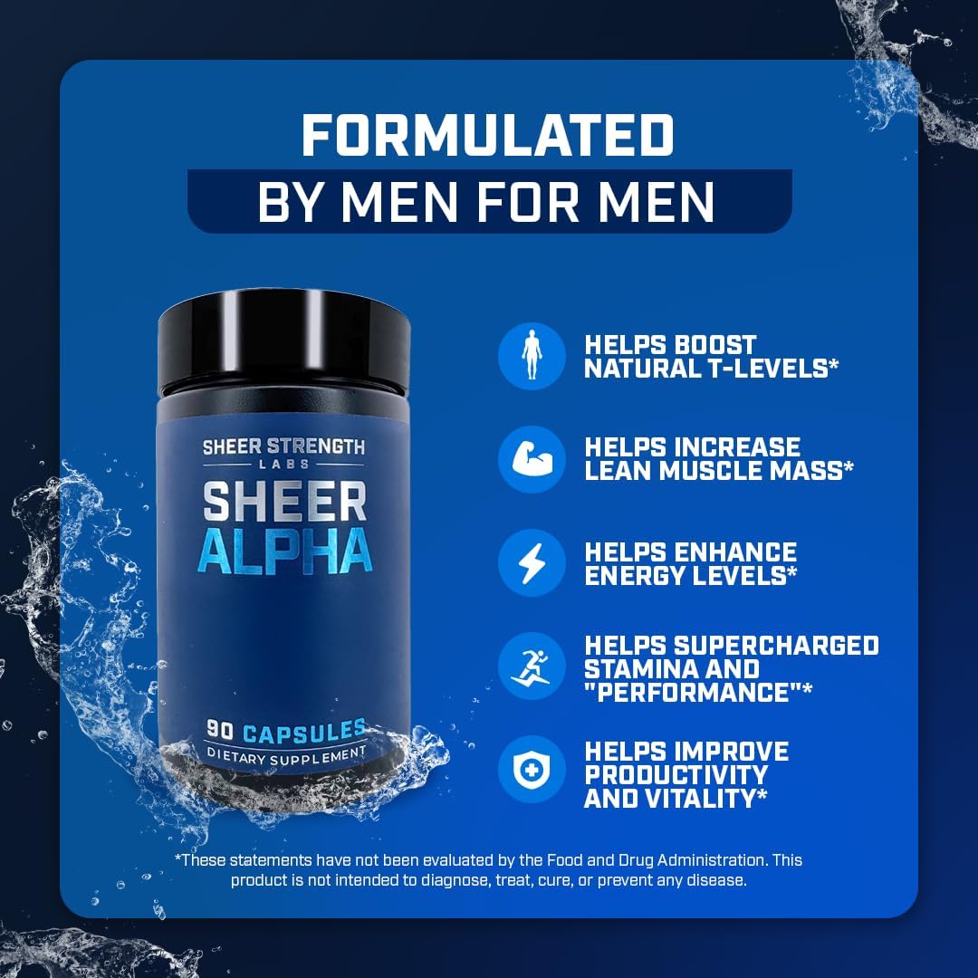 Sheer Strength Labs Testosterone Booster T-Booster for Men - Clinically Backed Dose, Strongest Formula - Made in USA - Premium Blend of Fadogia Agrestis Tongkat Ali and Shilajit. 30 Servings