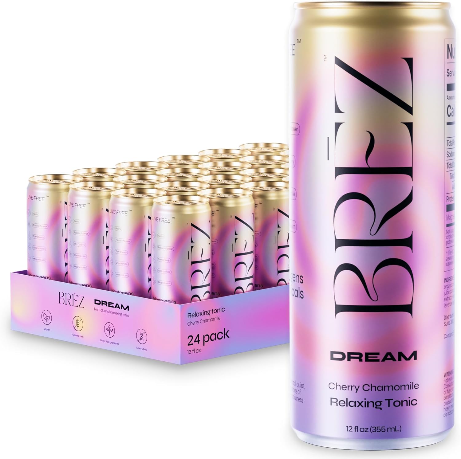 BRĒZ Dream Reishi Mushroom Drink, Non-Infused Relaxing Tonic with Reishi, Chamomile, Tart Cherry, Magnesium & L-Theanine, Vegan Adaptogen Drink for Sleep, Calm & Mood, 12 fl oz - 24 Pack