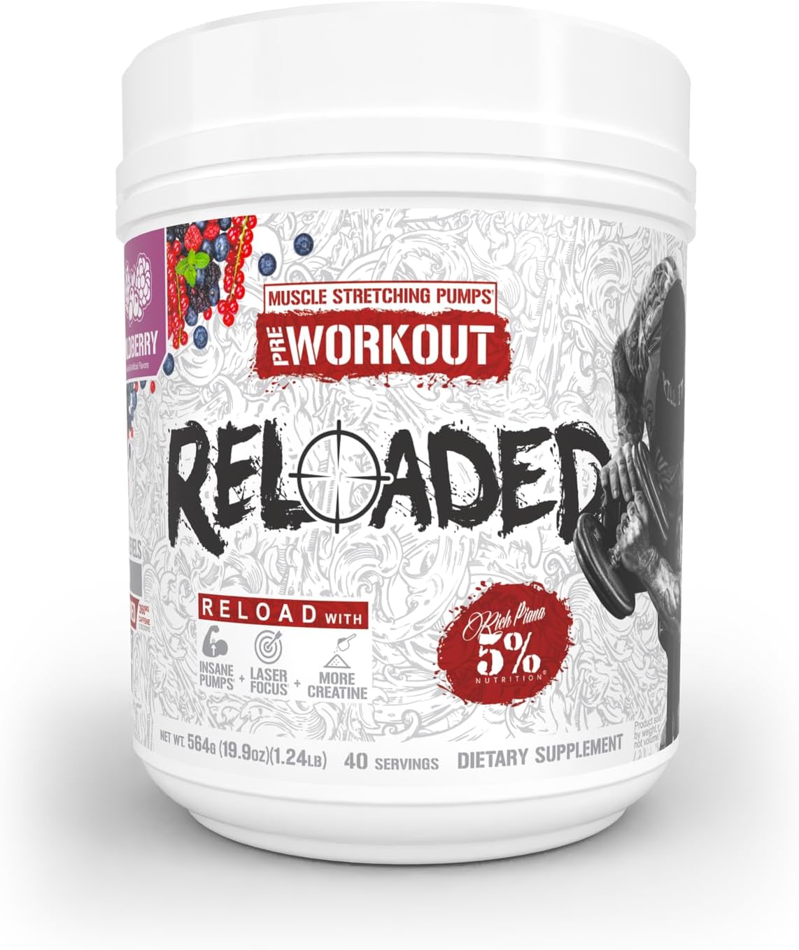 5% Nutrition Reloaded High Stim Pre-Workout | Ultra Energy, Focus, Pumps, Power & Endurance | Citrulline, HydroPrime Glycerol, Nitrosigine, Creatine, Choline, Huperzine A (Wildberry)