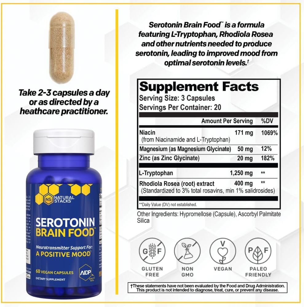 Serotonin Brain Food - 1250mg L-Tryptophan & 400mg Rhodiola Rosea Supplement - Mood Support Supplement for Stress Relief - Neurotransmitter Support with Magnesium Glycinate & Zinc - 120 Capsules