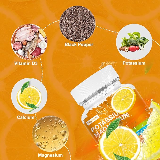Potassium Magnesium Gummies - High Absorption Magnesium Glycinate & Potassium Citrate Plus Coenzyme Q10, DHA, D3, Mineral & Calcium for Zzz, Leg Cramps & Muscle - 60 Orange Gummies