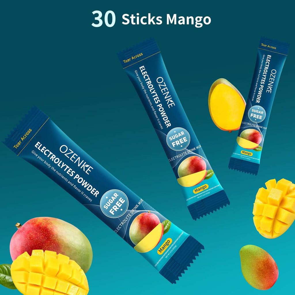 Electrolytes Powder Packets, 30 Sticks Hydration Packets Sugar Free, Electrolyte Drink Mix Portable Electrolyte Packets for Rapid Hydration, 0 Sugar & 0 Calorie, Mango Flavor