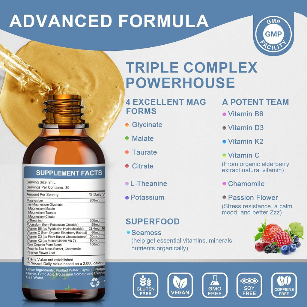 Magnesium Glycinate Liquid Drop - Triple Absorption Supplement to Support Nerves, Sleep, Calm, Heart, Muscles * -Sugar-Free with Potassium, L-Theanine, Sea Moss, Vitamin B,C,D3, K2-2 Pack