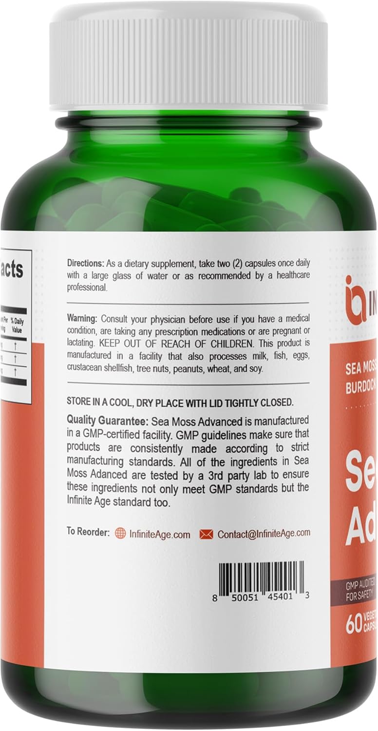 INFINITE AGE 1250mg Sea Moss Advanced Superfood Capsules, 60 Count - High-Potency, Vegan, Made in The USA - Irish Seamoss, Bladderwrack, Burdock Root - Overall Health, Immunity Support