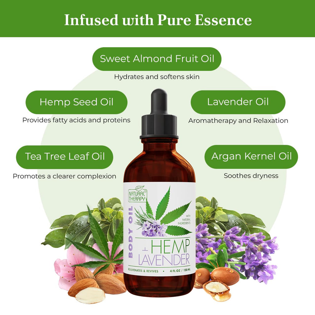 Natural Therapy Hemp & Lavender Body Oil – Moisturizing Body Oil – Hydrate & Soften Skin – Increase Skin Elasticity and Provide Anti-Aging Support (4 Fl.Oz)