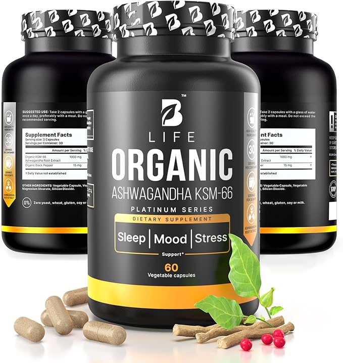 Organic Ashwagandha KSM-66 1000 mg Supplement | Adaptogen for Cortisol Support & Stress Relief | Mood, Calm & Sleep Aid for Men & Women | Ashwagandha ritual vitamins for women | 60 Vegan Caps