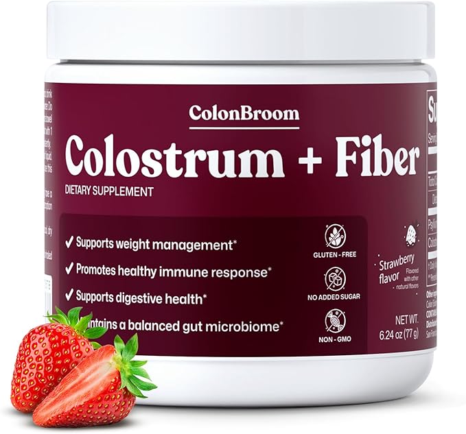 ColonBroom Colostrum + Fiber Supplement (Strawberry Flavor, 30 Servings) | Bovine Colostrum Powder & Psyllium Husk Powder | for Gut Health & Immunity | Gluten-Free, Non-GMO, Sugar-Free