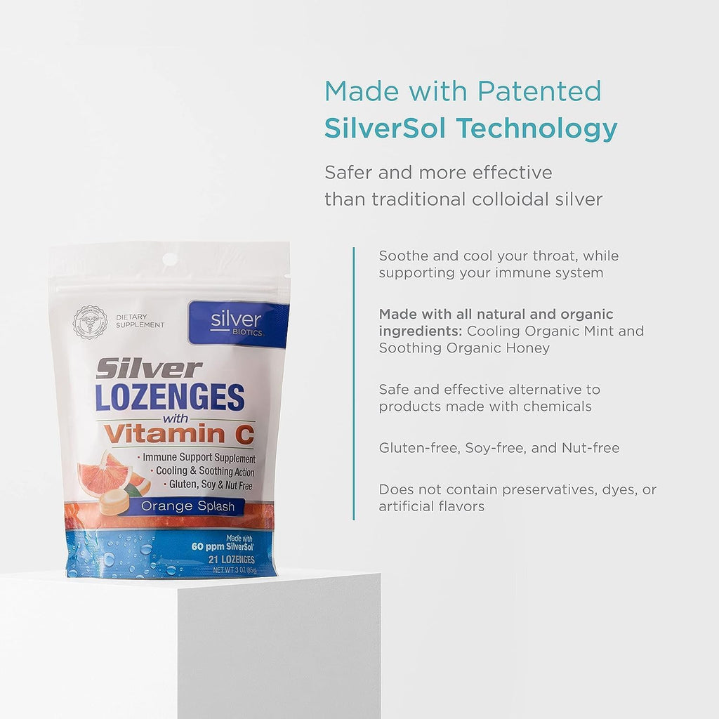 Silver Biotics Colloidal Silver Lozenges | 60 ppm SilverSol Ag₄O₄ Technology | Immune Support + Throat Soothing | Orange Vitamin C | 21 Count