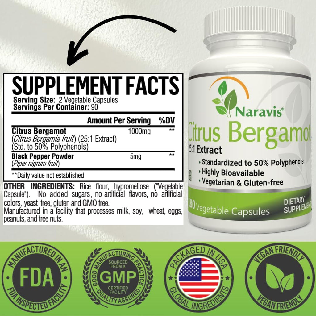 Citrus Bergamot Extract - 180 Capsules - 25:1 Extract - 50% Polyphenols - Black Pepper for Enhanced Absorption - Cholesterol lowering Supplements - Polyphenols Supplement