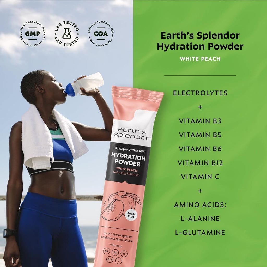Earth's Splendor Electrolytes Powder Packets Sugar Free White Peach Hydration Sticks with Essential Vitamins for Energy & Sports Performance Travel-Friendly Single-Serve Packets for Daily Use 10 Pack