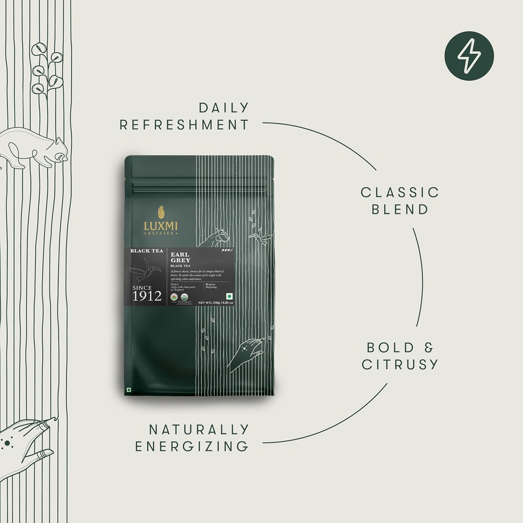 Luxmi Estates Garo Hills Organic Earl Grey Black Tea 250g Loose Leaf Pack | USDA Organic - Earl Grey Tea Bags | 100% Natural Bergamot Extracts | 125 Cups | Assam Black Tea | A Great Morning Cup as an Alternative to Coffee