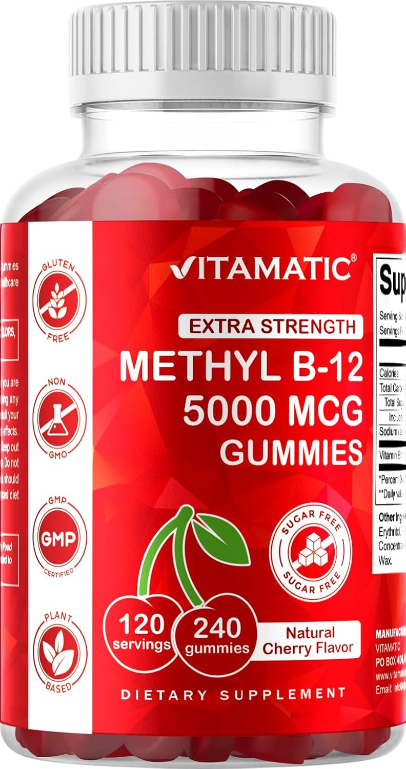 Vitamatic Extra Strength Vitamin B12 5000 mcg (Methyl B12) Gummies - 240 Count, Natural Cherry Flavored