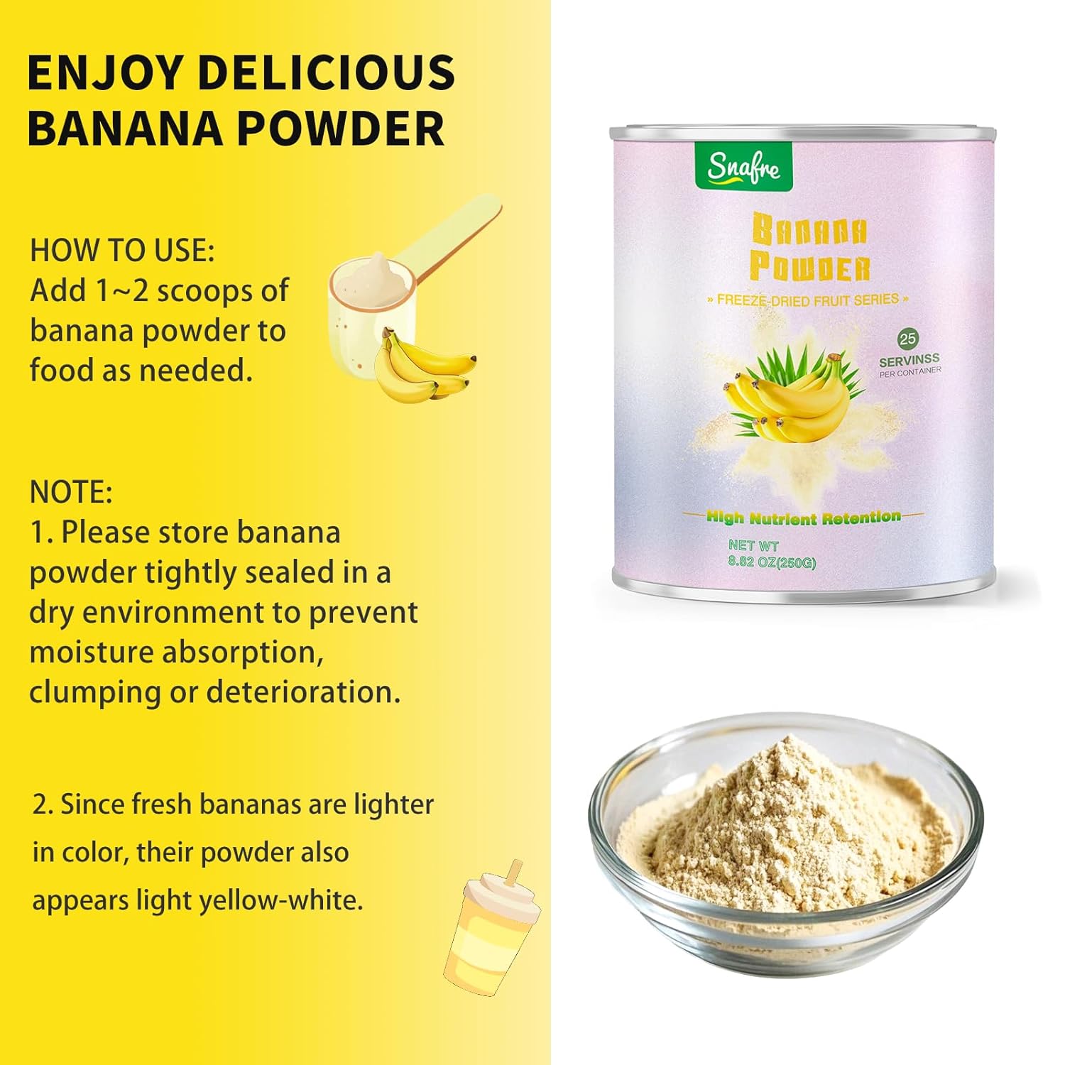 Banana Powder, 8.82OZ Freeze Dried Banana Powder, Freeze Dried Fruit, No Added or Sugar, Suitable for Baking, Oatmeal, Cereal, Yogurt, Smoothies, Juice