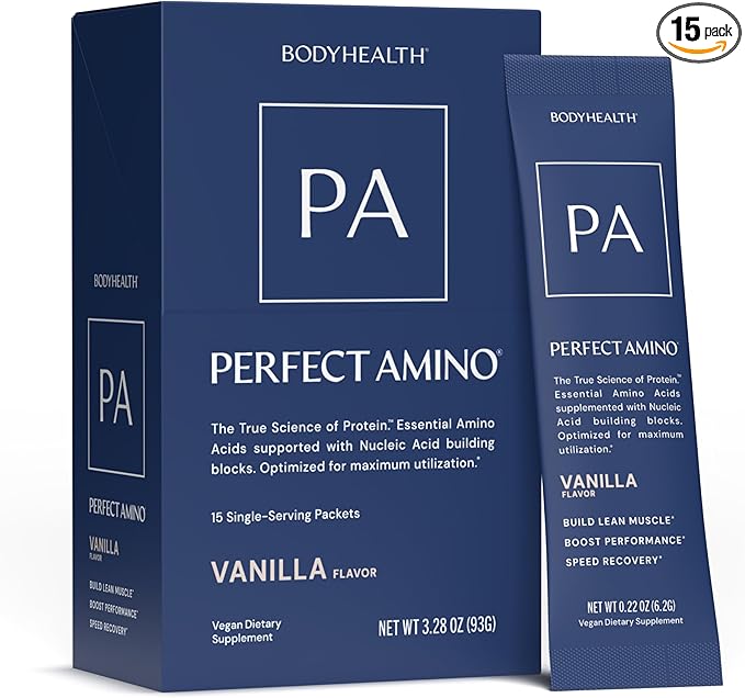 BodyHealth PerfectAmino Powder - BCAA and EAA Powder for Pre and Post Workout - Amino Acid Energy Drink for Men and Women to Support Lean Muscle and Recovery - Vanilla - Stick Packs - 15 Servings