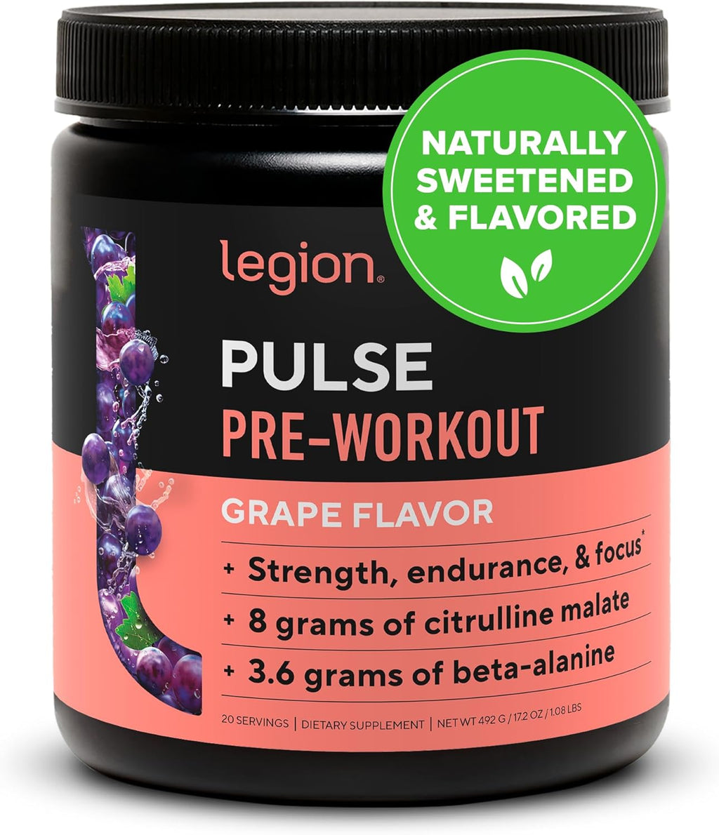 LEGION Pulse Pre Workout - All Natural Nitric Oxide Preworkout Drink to Boost Energy, Creatine Free, Naturally Sweetened, Beta Alanine, Citrulline, Alpha GPC (Grape)
